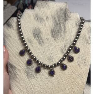 Native American Sterling Silver Purple Dahlia Navajo Pearl 8mm Squash Necklace